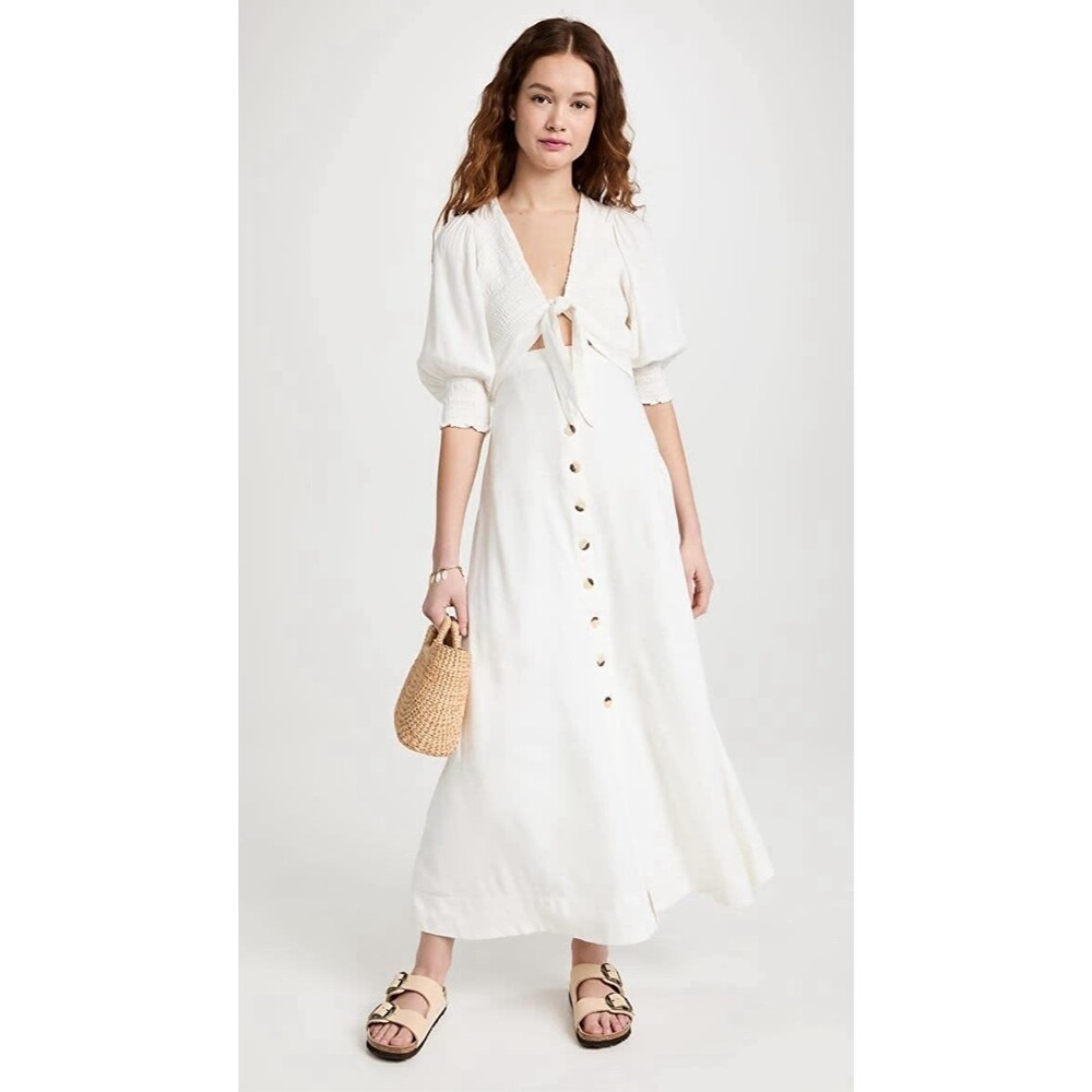 Free People White Tie Front Button Front Midi Dress Size M Linen Blend Boho